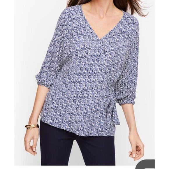 Talbots Faux Wrap Top Sz L NWT Blue White 3/4 Sleeve Tie Waist Coastal Peasant - Picture 12 of 12
